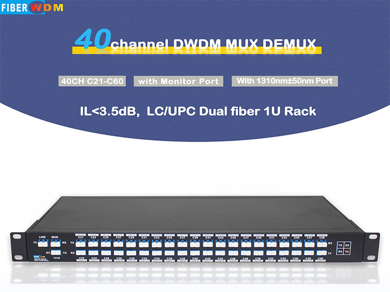 مُضاعِف/مُفكِّك DWDM، 40 قناة، C21-C60، ثنائي الألياف، LC/UPC، وحدة رف 1U