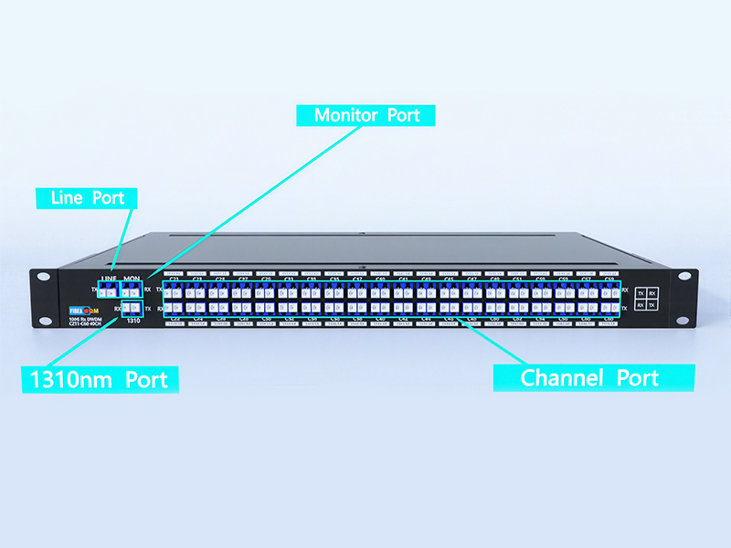 مُضاعِف/مُفكِّك إشارات DWDM ذو 40 قناة C21-C60 مع 1310 نانومتر ومنفذ مراقبة، ووحدة LC/UPC ثنائية الألياف، مُثبَّت في رف 1U
